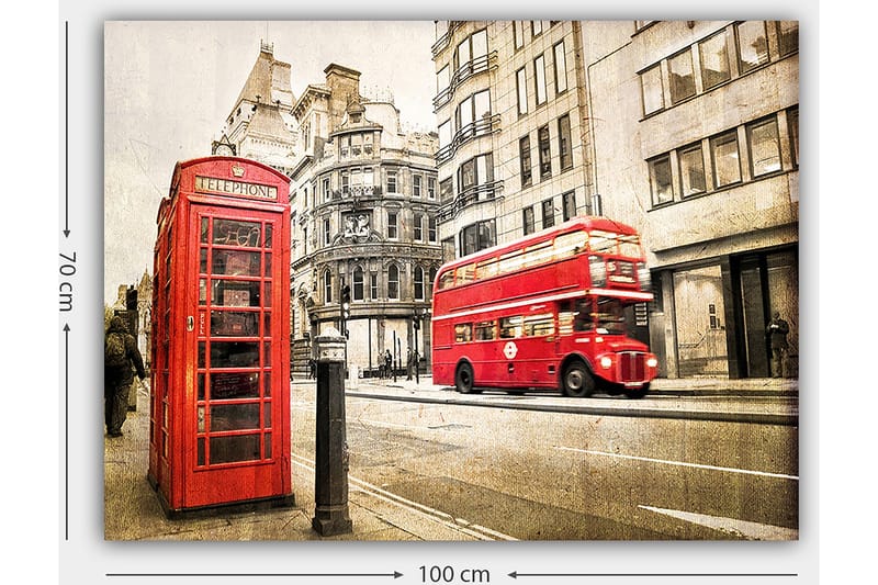Lerretsbilde 70x100 cm - Klassisk rød telefonkiosk og en rød dobbeltdekkerbuss på en bygate - Rød / Grå - Interiør - Maleri & posters - Lerretsbilder