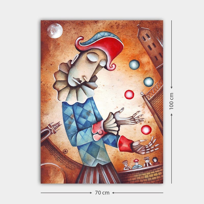 Lerretsbilde 70x100 cm - Klovn sjonglerer fargerike baller - Blå / Rød / Beige - Interiør - Maleri & posters - Lerretsbilder