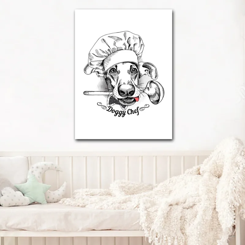Lerretsbilde 70x100 cm - Kokk utkledd som en hund med en skje i munnen, Svart / Hvit / Grå