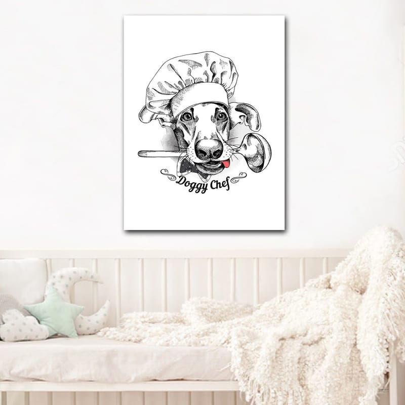 Lerretsbilde 70x100 cm - Kokk utkledd som en hund med en skje i munnen, Svart / Hvit / Grå