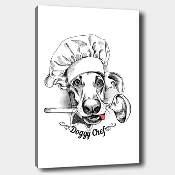 Lerretsbilde 70x100 cm - Kokk utkledd som en hund med en skje i munnen - Svart / Hvit / Grå - Interiør - Maleri & posters - Lerretsbilder