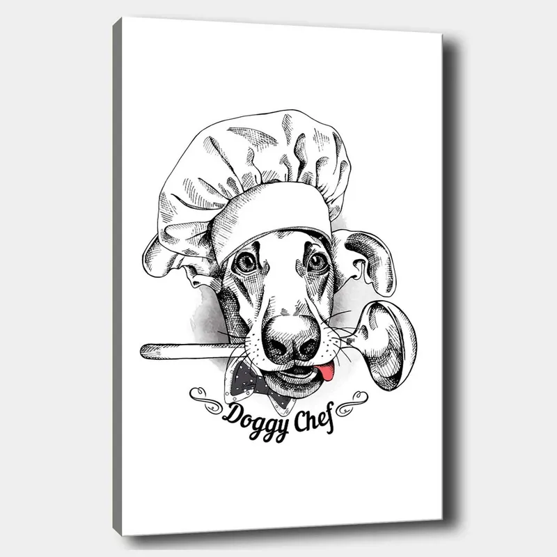 Lerretsbilde 70x100 cm - Kokk utkledd som en hund med en skje i munnen - Svart / Hvit / Grå - Interiør - Maleri & posters - Lerretsbilder
