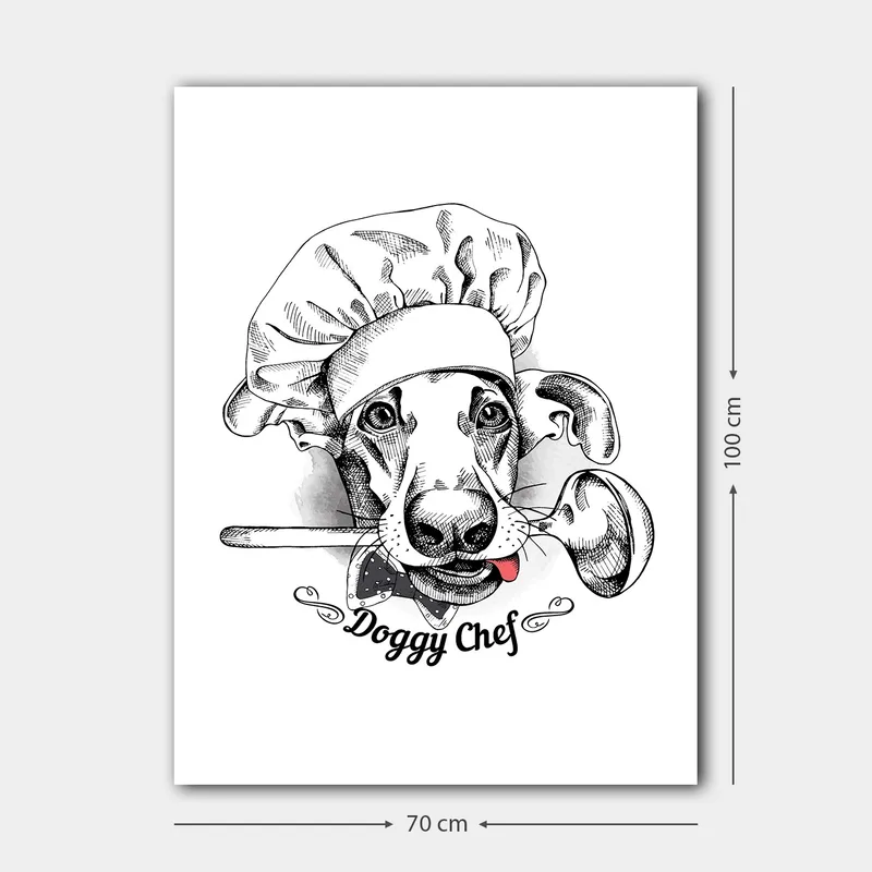 Lerretsbilde 70x100 cm - Kokk utkledd som en hund med en skje i munnen - Svart / Hvit / Grå - Interiør - Maleri & posters - Lerretsbilder