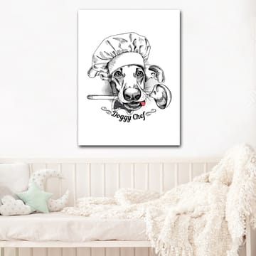 Lerretsbilde 70x100 cm - Kokk utkledd som en hund med en skje i munnen - Svart / Hvit / Grå - Interiør - Maleri & posters - Lerretsbilder
