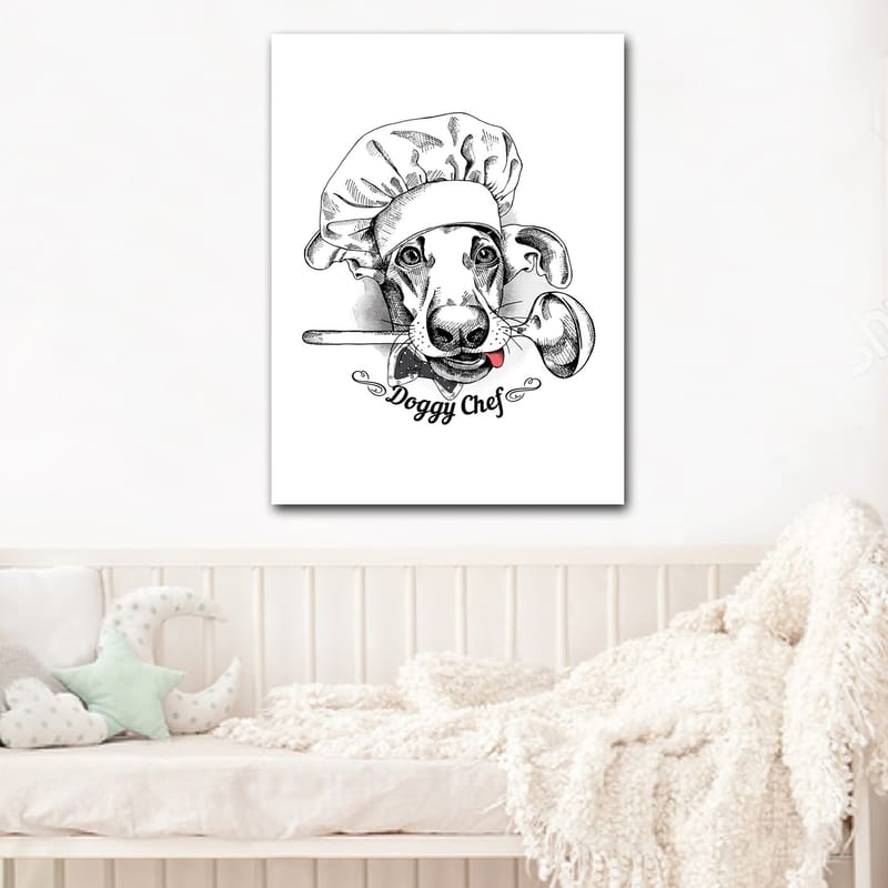 Lerretsbilde 70x100 cm - Kokk utkledd som en hund med en skje i munnen, Svart / Hvit / Grå