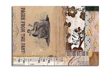 Lerretsbilde 70x100 cm - Kollasje av gamle bokblader og dekorative mønstre med en sentral figur som fremhever nostalgi og historie - Beige / Brun / Svart - Interiør - Maleri & posters - Lerretsbilder