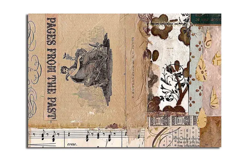 Lerretsbilde 70x100 cm - Kollasje av gamle bokblader og dekorative mønstre med en sentral figur som fremhever nostalgi og historie, Beige / Brun / Svart
