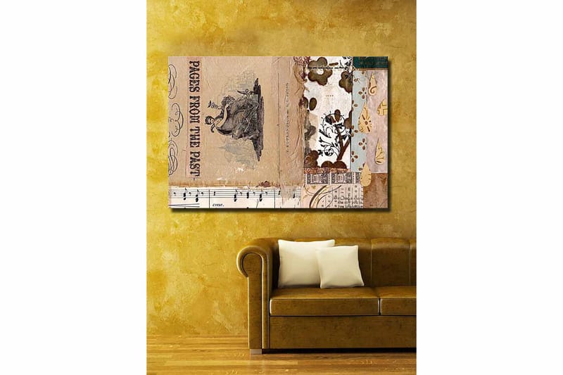 Lerretsbilde 70x100 cm - Kollasje av gamle bokblader og dekorative mønstre med en sentral figur som fremhever nostalgi og historie - Beige / Brun / Svart - Interiør - Maleri & posters - Lerretsbilder