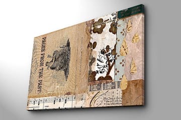 Lerretsbilde 70x100 cm - Kollasje av gamle bokblader og dekorative mønstre med en sentral figur som fremhever nostalgi og historie - Beige / Brun / Svart - Interiør - Maleri & posters - Lerretsbilder