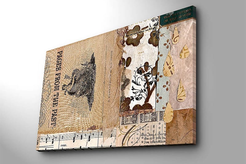 Lerretsbilde 70x100 cm - Kollasje av gamle bokblader og dekorative mønstre med en sentral figur som fremhever nostalgi og historie - Beige / Brun / Svart - Interiør - Maleri & posters - Lerretsbilder