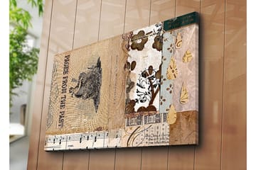 Lerretsbilde 70x100 cm - Kollasje av gamle bokblader og dekorative mønstre med en sentral figur som fremhever nostalgi og historie - Beige / Brun / Svart - Interiør - Maleri & posters - Lerretsbilder