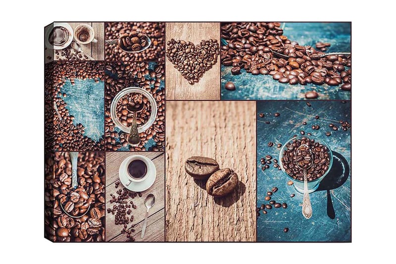 Lerretsbilde 70x100 cm - Kollasje av kaffebønner og kaffekopper som fremhever de ulike aspektene og presentasjonene av kaffe, Mørk brun / Beige / Turkis