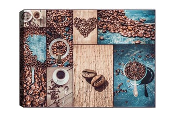 Lerretsbilde 70x100 cm - Kollasje av kaffebønner og kaffekopper som fremhever de ulike aspektene og presentasjonene av kaffe - Mørk brun / Beige / Turkis - Interiør - Maleri & posters - Lerretsbilder
