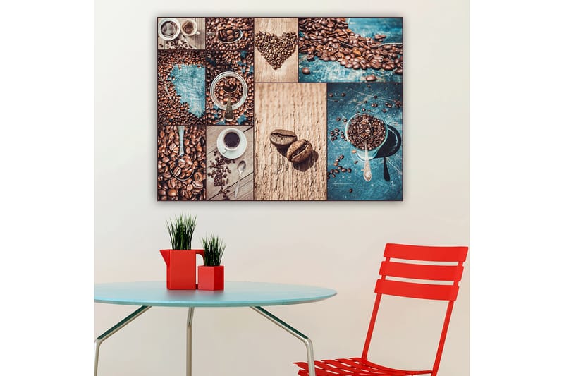 Lerretsbilde 70x100 cm - Kollasje av kaffebønner og kaffekopper som fremhever de ulike aspektene og presentasjonene av kaffe - Mørk brun / Beige / Turkis - Interiør - Maleri & posters - Lerretsbilder