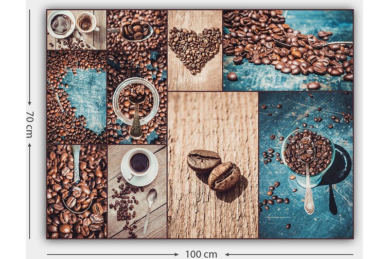 Lerretsbilde 70x100 cm - Kollasje av kaffebønner og kaffekopper som fremhever de ulike aspektene og presentasjonene av kaffe - Mørk brun / Beige / Turkis - Interiør - Maleri & posters - Lerretsbilder