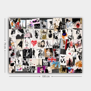 Lerretsbilde 70x100 cm - Kollasje av moteikoner og stiliserte portretter med elementer av romantiske og urbane temaer - Svart / Rød / Beige - Interiør - Maleri & posters - Lerretsbilder