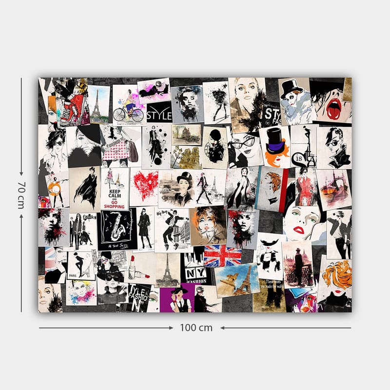 Lerretsbilde 70x100 cm - Kollasje av moteikoner og stiliserte portretter med elementer av romantiske og urbane temaer - Svart / Rød / Beige - Interiør - Maleri & posters - Lerretsbilder