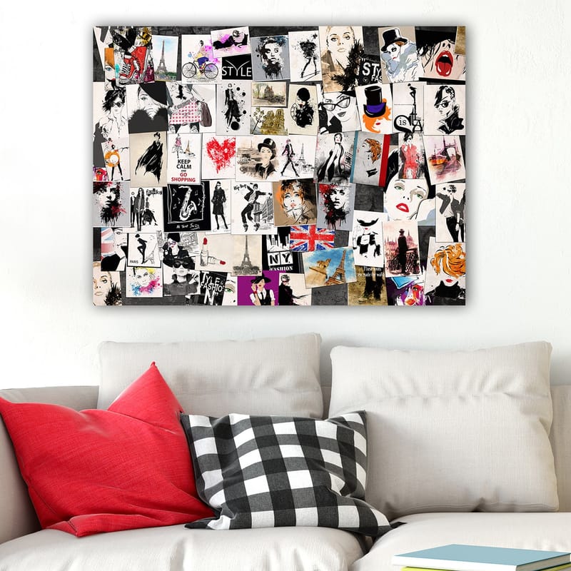 Lerretsbilde 70x100 cm - Kollasje av moteikoner og stiliserte portretter med elementer av romantiske og urbane temaer - Svart / Rød / Beige - Interiør - Maleri & posters - Lerretsbilder