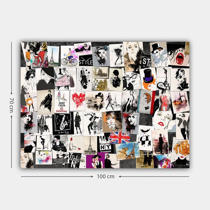 Lerretsbilde 70x100 cm - Kollasje av moteikoner og stiliserte portretter med elementer av romantiske og urbane temaer - Svart / Rød / Beige - Interiør - Maleri & posters - Lerretsbilder