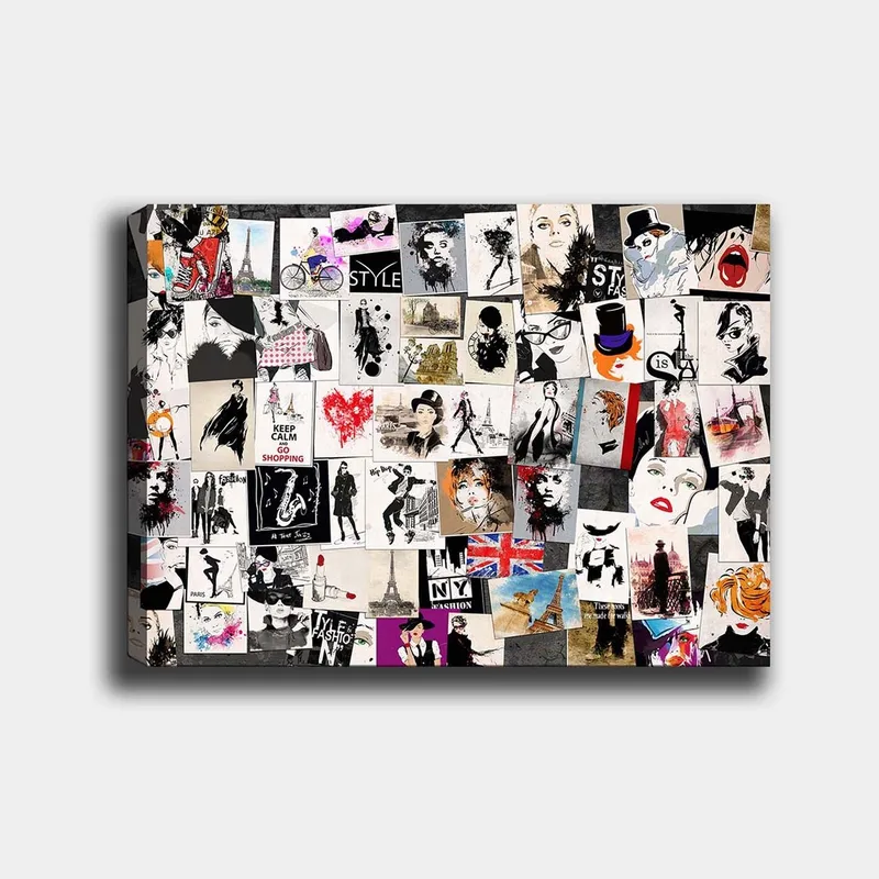 Lerretsbilde 70x100 cm - Kollasje av moteikoner og stiliserte portretter med elementer av romantiske og urbane temaer, Svart / Rød / Beige