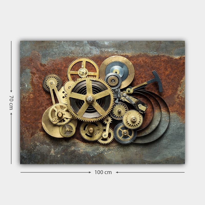 Lerretsbilde 70x100 cm - Kompleks sammensetning av gir og mekaniske deler i industriell stil - Gull / Brun / Svart - Interiør - Maleri & posters - Lerretsbilder