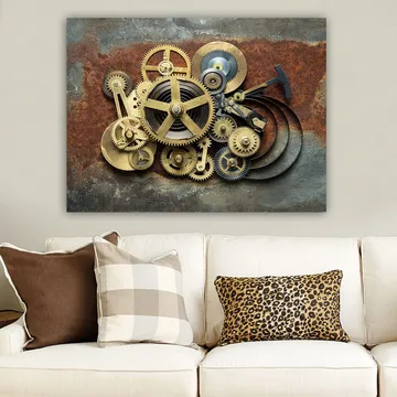 Lerretsbilde 70x100 cm - Kompleks sammensetning av gir og mekaniske deler i industriell stil - Gull / Brun / Svart - Interiør - Maleri & posters - Lerretsbilder