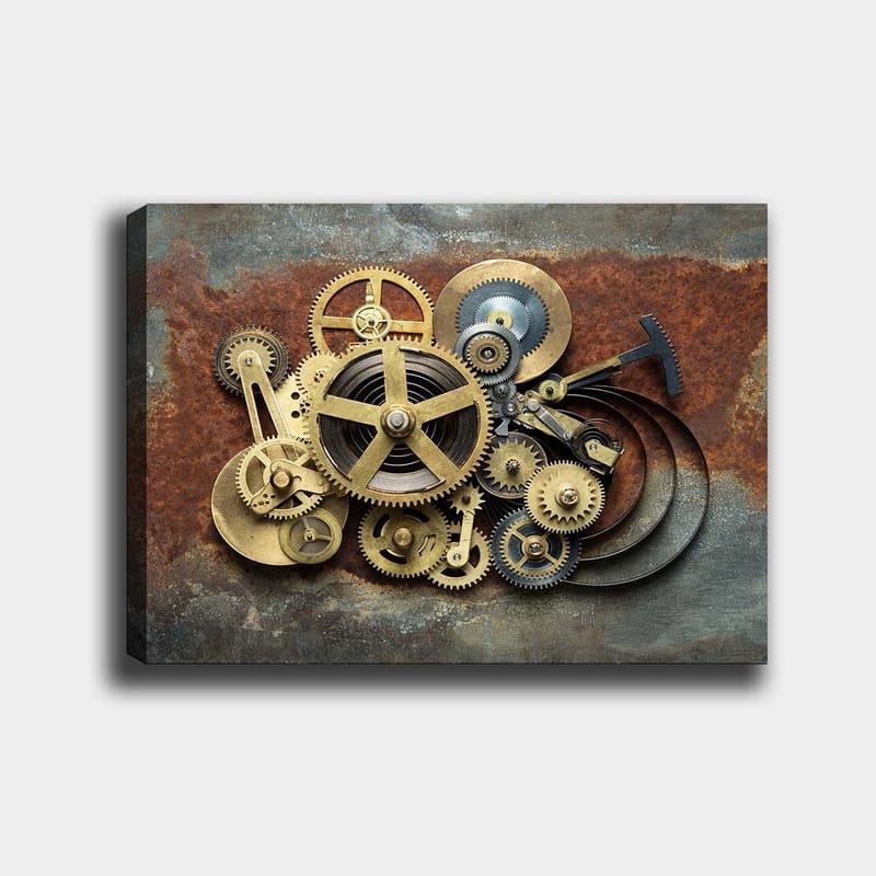 Lerretsbilde 70x100 cm - Kompleks sammensetning av gir og mekaniske deler i industriell stil, Gull / Brun / Svart