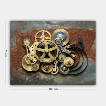 Lerretsbilde 70x100 cm - Kompleks sammensetning av gir og mekaniske deler i industriell stil - Gull / Brun / Svart - Interiør - Maleri & posters - Lerretsbilder
