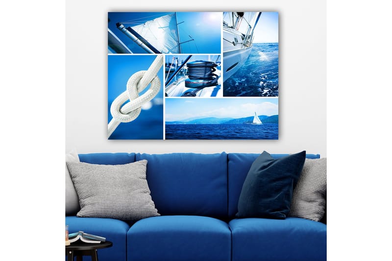 Lerretsbilde 70x100 cm - Komposisjon av maritime motiver med seilbåter og tau i forskjellige blånyanser, Blå / Hvit