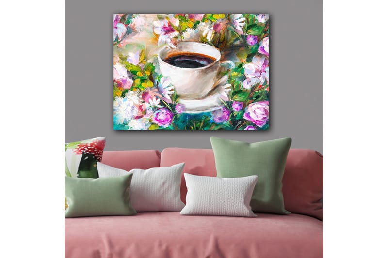 Lerretsbilde 70x100 cm - Kopp kaffe omgitt av fargerike blomster - Hvit / Grønn / Rosa - Interiør - Maleri & posters - Lerretsbilder