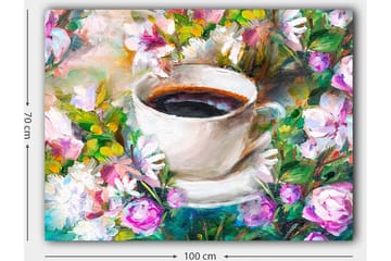 Lerretsbilde 70x100 cm - Kopp kaffe omgitt av fargerike blomster - Hvit / Grønn / Rosa - Interiør - Maleri & posters - Lerretsbilder