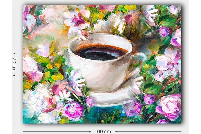 Lerretsbilde 70x100 cm - Kopp kaffe omgitt av fargerike blomster - Hvit / Grønn / Rosa - Interiør - Maleri & posters - Lerretsbilder