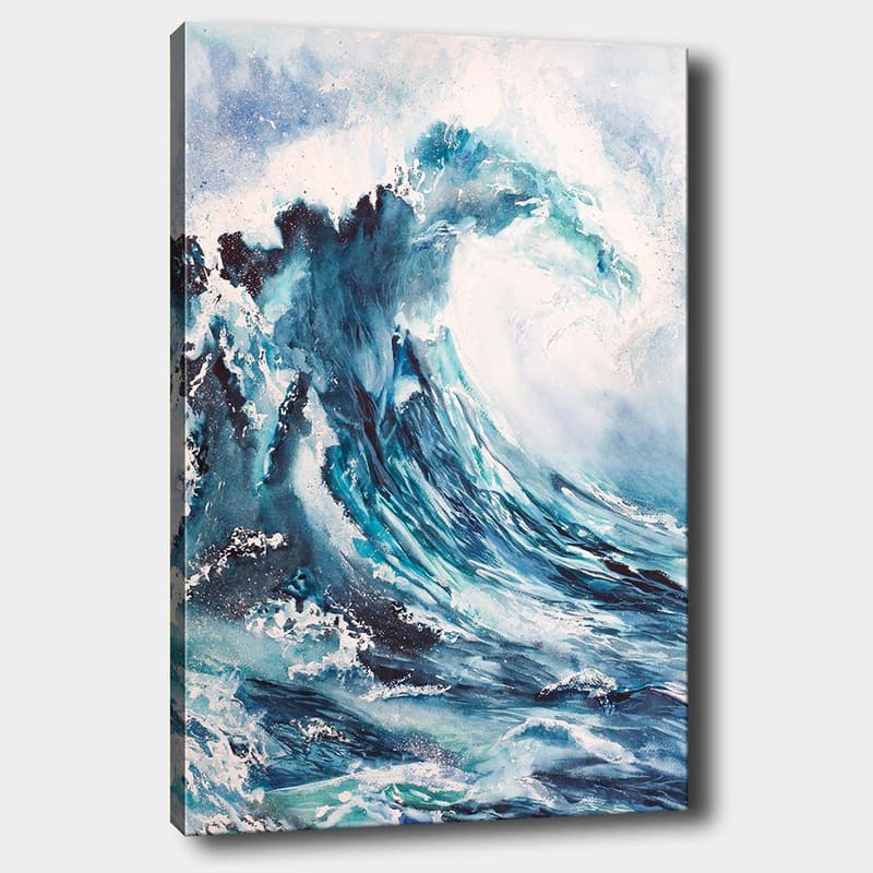 Lerretsbilde 70x100 cm - Kraftig bølge som bryter mot kysten, Mørk blå / Turkis / Hvit