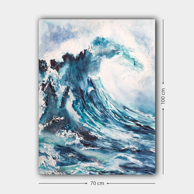 Lerretsbilde 70x100 cm - Kraftig bølge som bryter mot kysten - Mørk blå / Turkis / Hvit - Interiør - Maleri & posters - Lerretsbilder