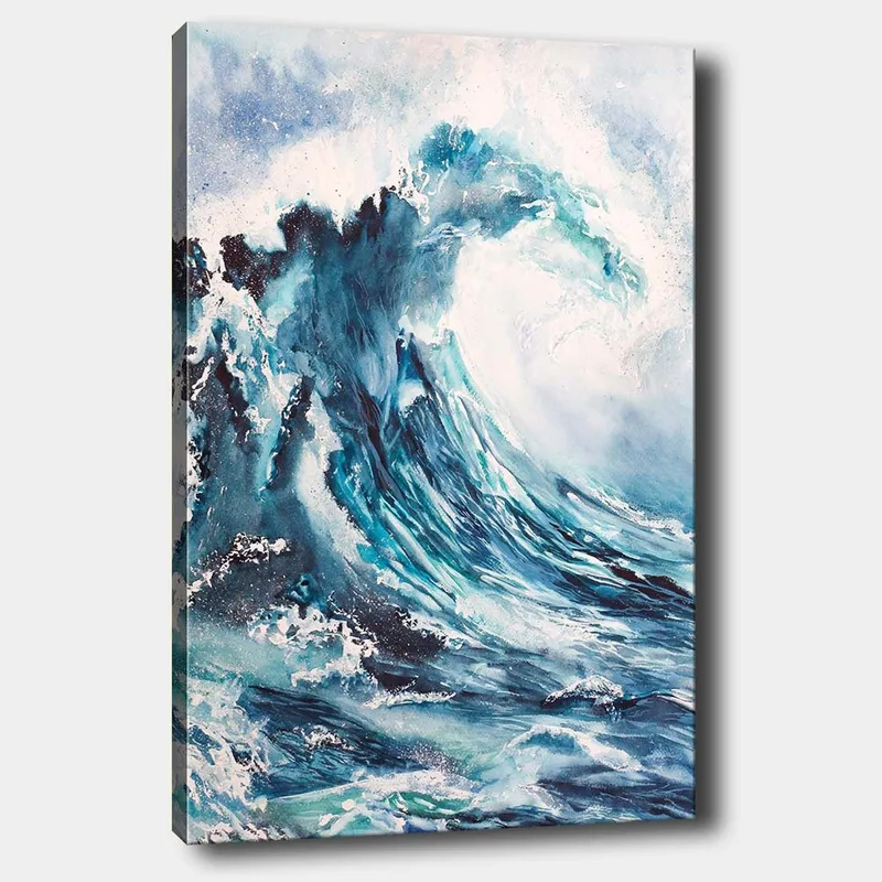 Lerretsbilde 70x100 cm - Kraftig bølge som bryter mot kysten, Mørk blå / Turkis / Hvit