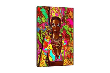 Lerretsbilde 70x100 cm - Kraftig kvinne i fargerike klær med et uttrykksfullt ansikt og smykker - Grønn / Rosa / Oransje - Interiør - Maleri & posters - Lerretsbilder