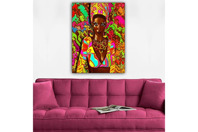 Lerretsbilde 70x100 cm - Kraftig kvinne i fargerike klær med et uttrykksfullt ansikt og smykker - Grønn / Rosa / Oransje - Interiør - Maleri & posters - Lerretsbilder
