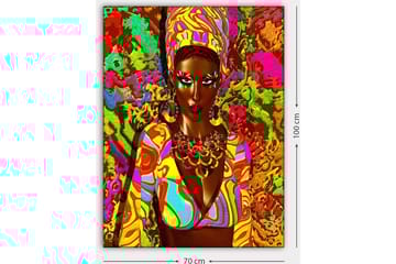 Lerretsbilde 70x100 cm - Kraftig kvinne i fargerike klær med et uttrykksfullt ansikt og smykker - Grønn / Rosa / Oransje - Interiør - Maleri & posters - Lerretsbilder