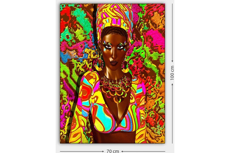 Lerretsbilde 70x100 cm - Kraftig kvinne i fargerike klær med et uttrykksfullt ansikt og smykker - Grønn / Rosa / Oransje - Interiør - Maleri & posters - Lerretsbilder