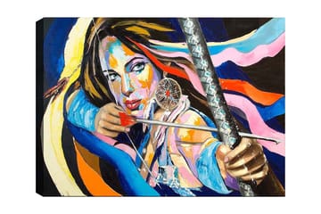 Lerretsbilde 70x100 cm - Kraftig kvinne som setter en sl øyfe, omgitt av fargerike bånd - Blå / Rød / Gul - Interiør - Maleri & posters - Lerretsbilder