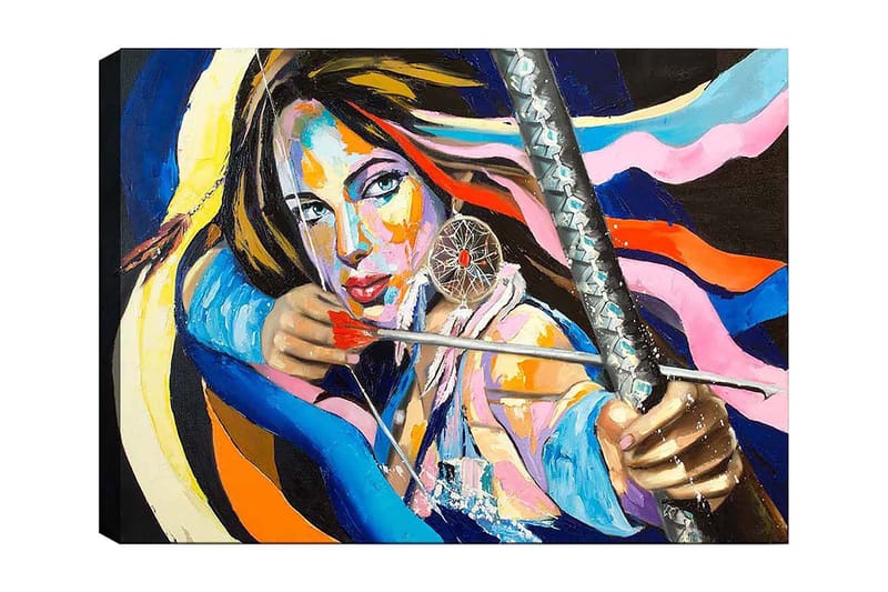 Lerretsbilde 70x100 cm - Kraftig kvinne som setter en sløyfe, omgitt av fargerike bånd, Blå / Rød / Gul