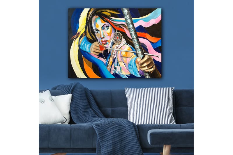 Lerretsbilde 70x100 cm - Kraftig kvinne som setter en sløyfe, omgitt av fargerike bånd - Blå / Rød / Gul - Interiør - Maleri & posters - Lerretsbilder