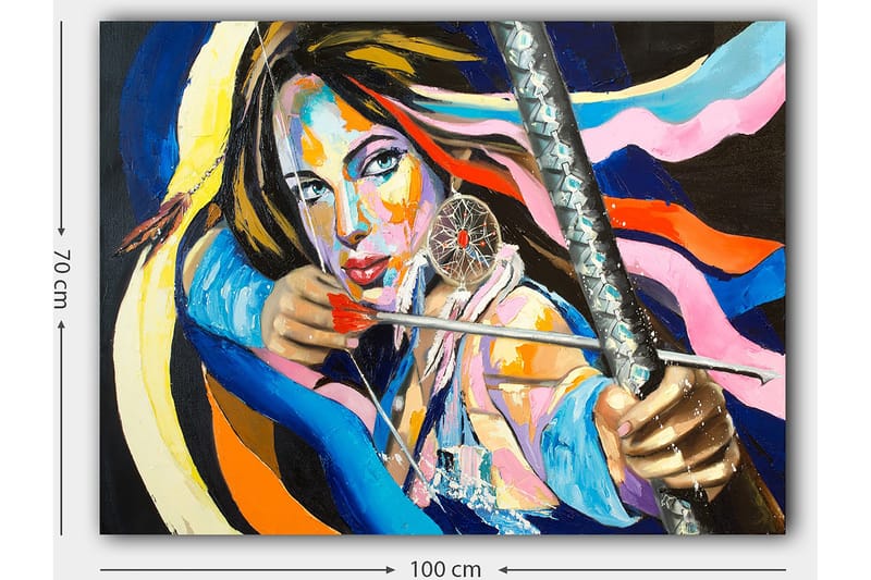 Lerretsbilde 70x100 cm - Kraftig kvinne som setter en sløyfe, omgitt av fargerike bånd - Blå / Rød / Gul - Interiør - Maleri & posters - Lerretsbilder