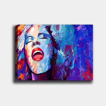 Lerretsbilde 70x100 cm - Kraftig kvinne som synger med uttrykksfulle ansiktstrekk - Blå / Rød / Hvit - Interiør - Maleri & posters - Lerretsbilder
