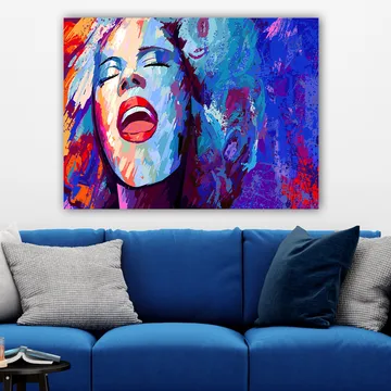 Lerretsbilde 70x100 cm - Kraftig kvinne som synger med uttrykksfulle ansiktstrekk - Blå / Rød / Hvit - Interiør - Maleri & posters - Lerretsbilder