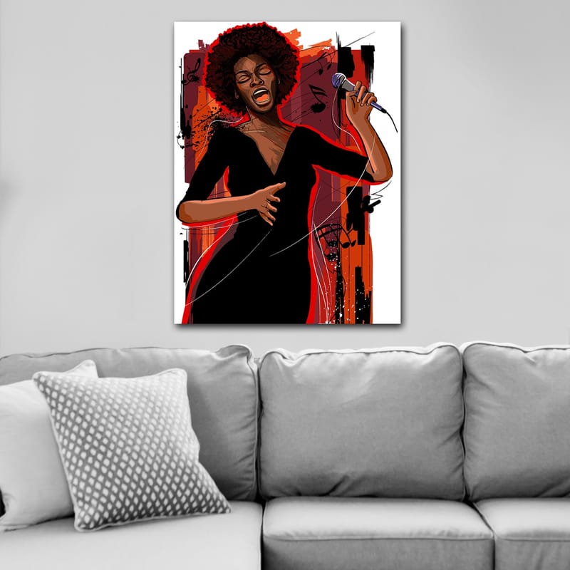 Lerretsbilde 70x100 cm - Kraftig sanger som uttrykker følelser gjennom musikken sin - Rød / Svart / Brun - Interiør - Maleri & posters - Lerretsbilder