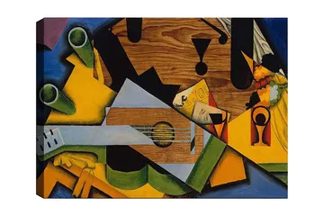 Lerretsbilde 70x100 cm - Kubistisk komposisjon med gitar og diverse geometriske former - Grønn / Gul / Blå - Interiør - Maleri & posters - Lerretsbilder