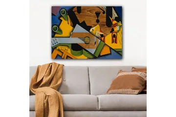 Lerretsbilde 70x100 cm - Kubistisk komposisjon med gitar og diverse geometriske former - Grønn / Gul / Blå - Interiør - Maleri & posters - Lerretsbilder