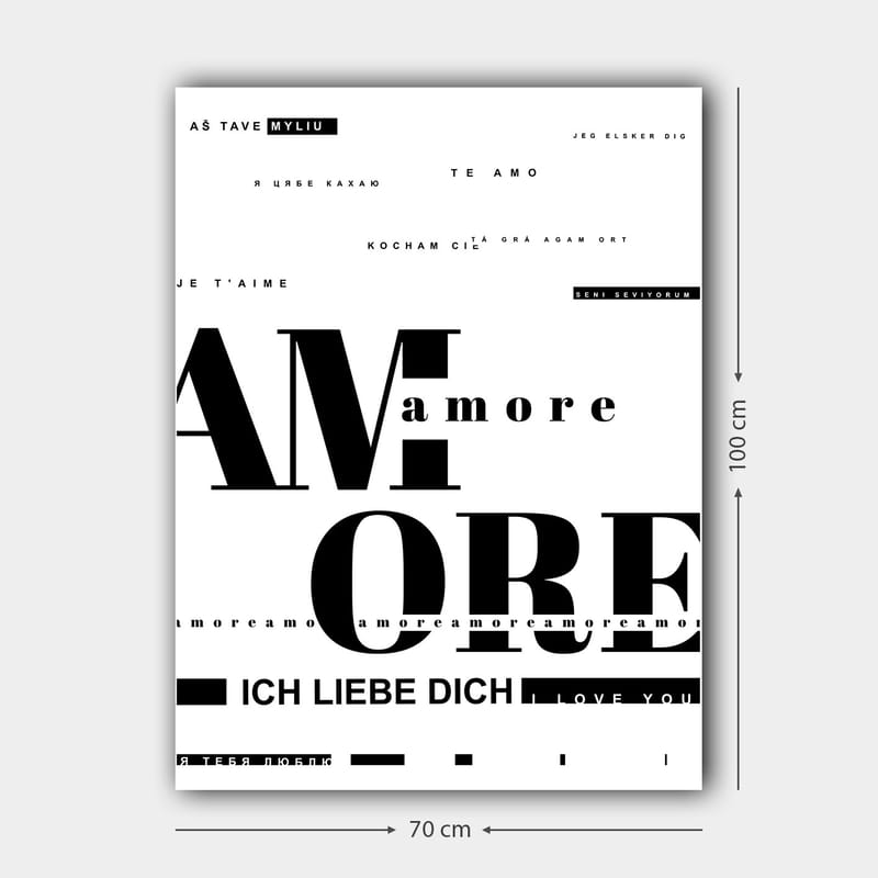 Lerretsbilde 70x100 cm - Kunstverket fokuserer på ordet AMORE i forskjellige skrifttyper og språk, og uttrykker kjærlighetens mangfold - Svart / Hvit - Interiør - Maleri & posters - Lerretsbilder