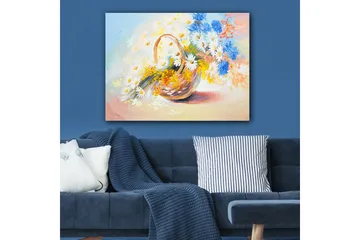 Lerretsbilde 70x100 cm - Kurv fylt med fargerike blomster - Blå / Hvit / Gul - Interiør - Maleri & posters - Lerretsbilder